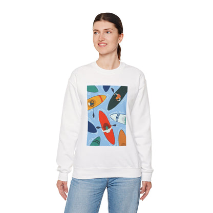 Colorful Kayak Print Crewneck Sweatshirt, Cozy Unisex Pullover, Perfect for Outdoor Lovers, Kayaking Gift, Summer Vibes, Artsy Crewneck, Comfy Pullover, Funky, Quirky Art