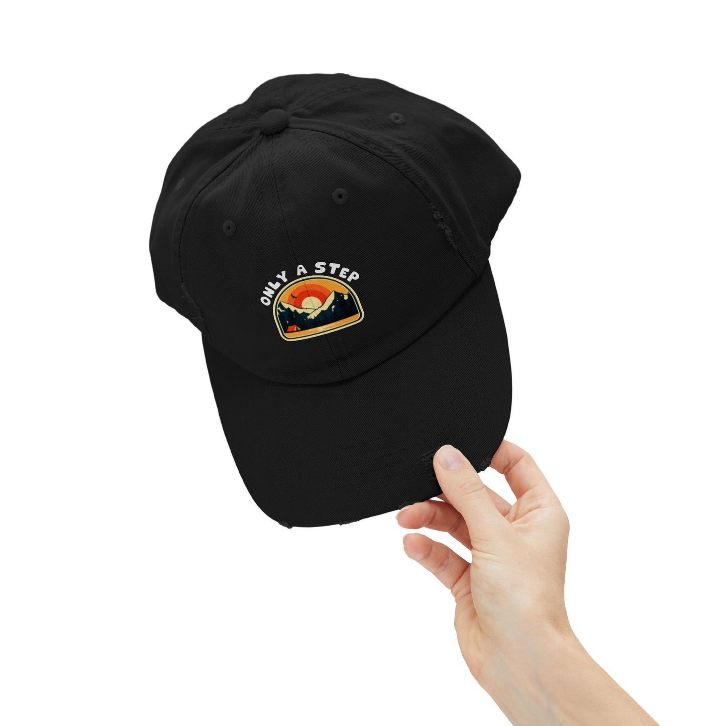 Distressed Cap — “Only a Step” Retro Mountain Sunset Hat