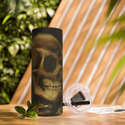 Gothic Skull Tumbler, 20oz | Unique Matte Travel Cup | Halloween Decor | Day of the Dead | Edgy Gifts for Skull Lovers, Reusable Drinkware | Van Gogh's Skeleton with Burning Cigarette Reimagined, Abstract Modern Twist Art