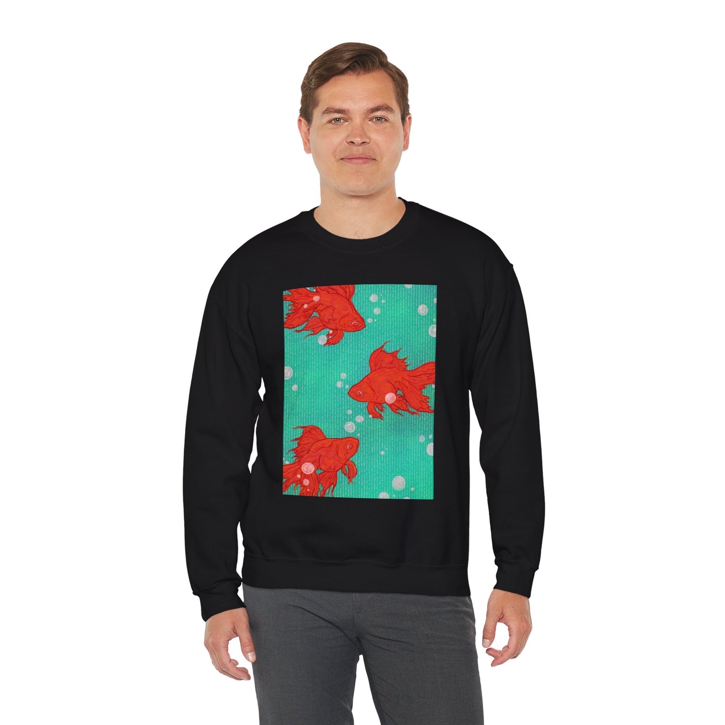 Colorful Fish Graphic Crewneck Sweatshirt, Cozy Unisex Sweater, Fun Graphic Top, Ideal Gift for Fish Lovers, Casual Everyday Wear, Comfy Goldfish Crewneck