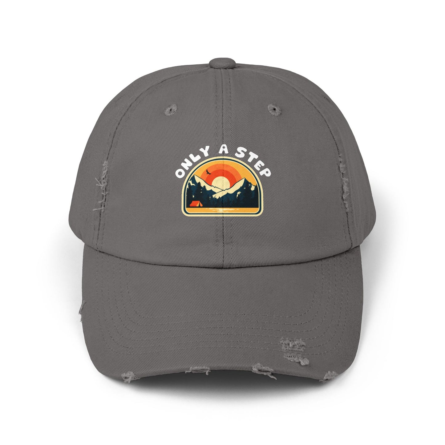 Distressed Cap — “Only a Step” Retro Mountain Sunset Hat