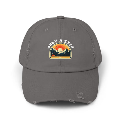 Distressed Cap — “Only a Step” Retro Mountain Sunset Hat