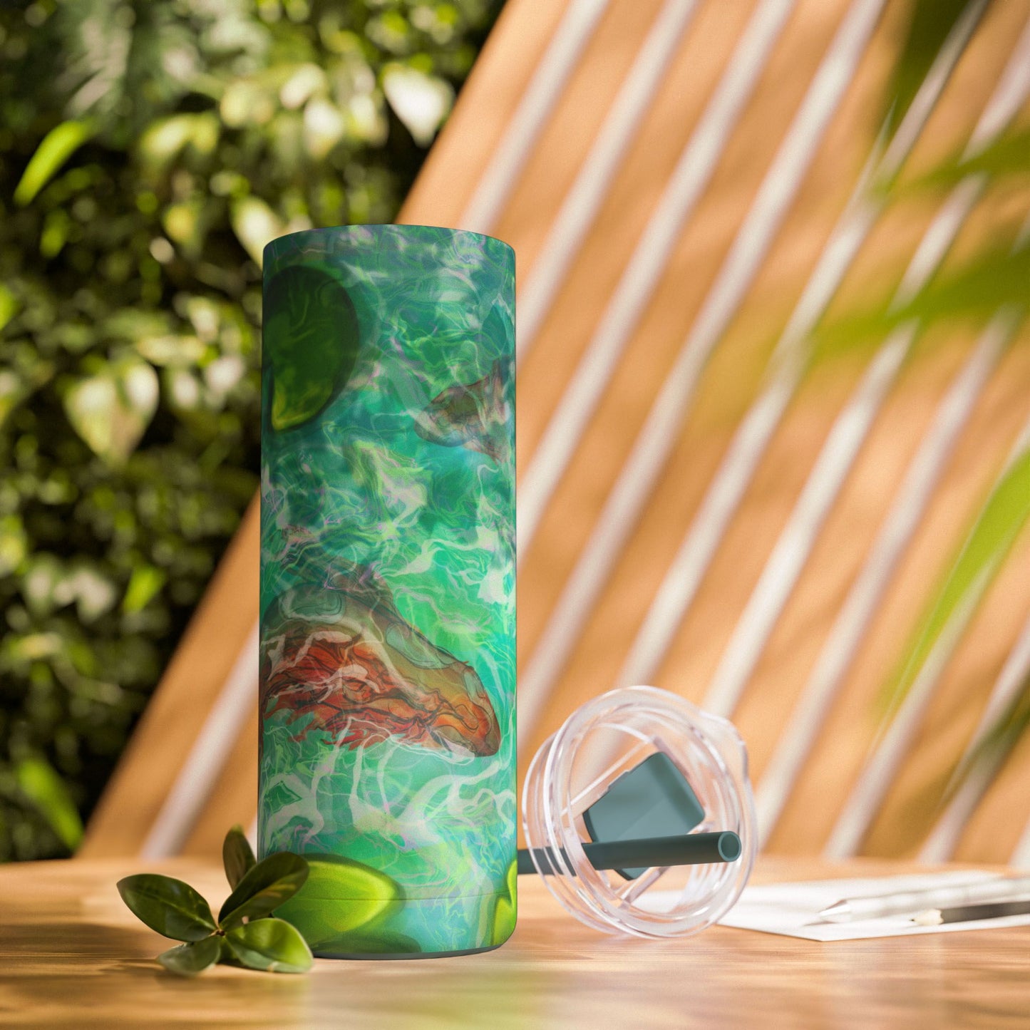 Skinny Tumbler with Abstract Water Design, Eco-Friendly Drinkware, Cool Gift for Her, Summer Vibes, Home & Office Decor, Lily Pads, Fish Pond