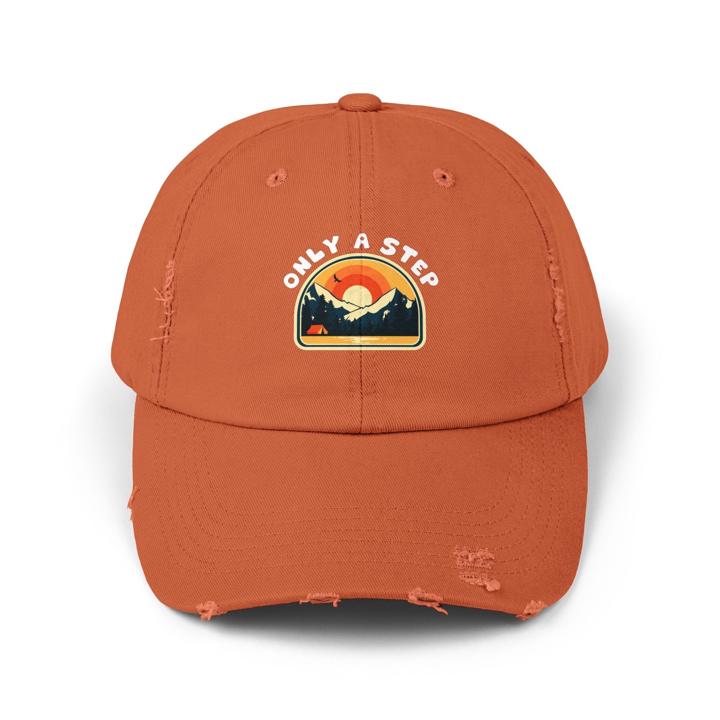 Distressed Cap — “Only a Step” Retro Mountain Sunset Hat