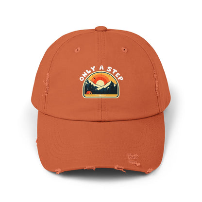 Distressed Cap — “Only a Step” Retro Mountain Sunset Hat