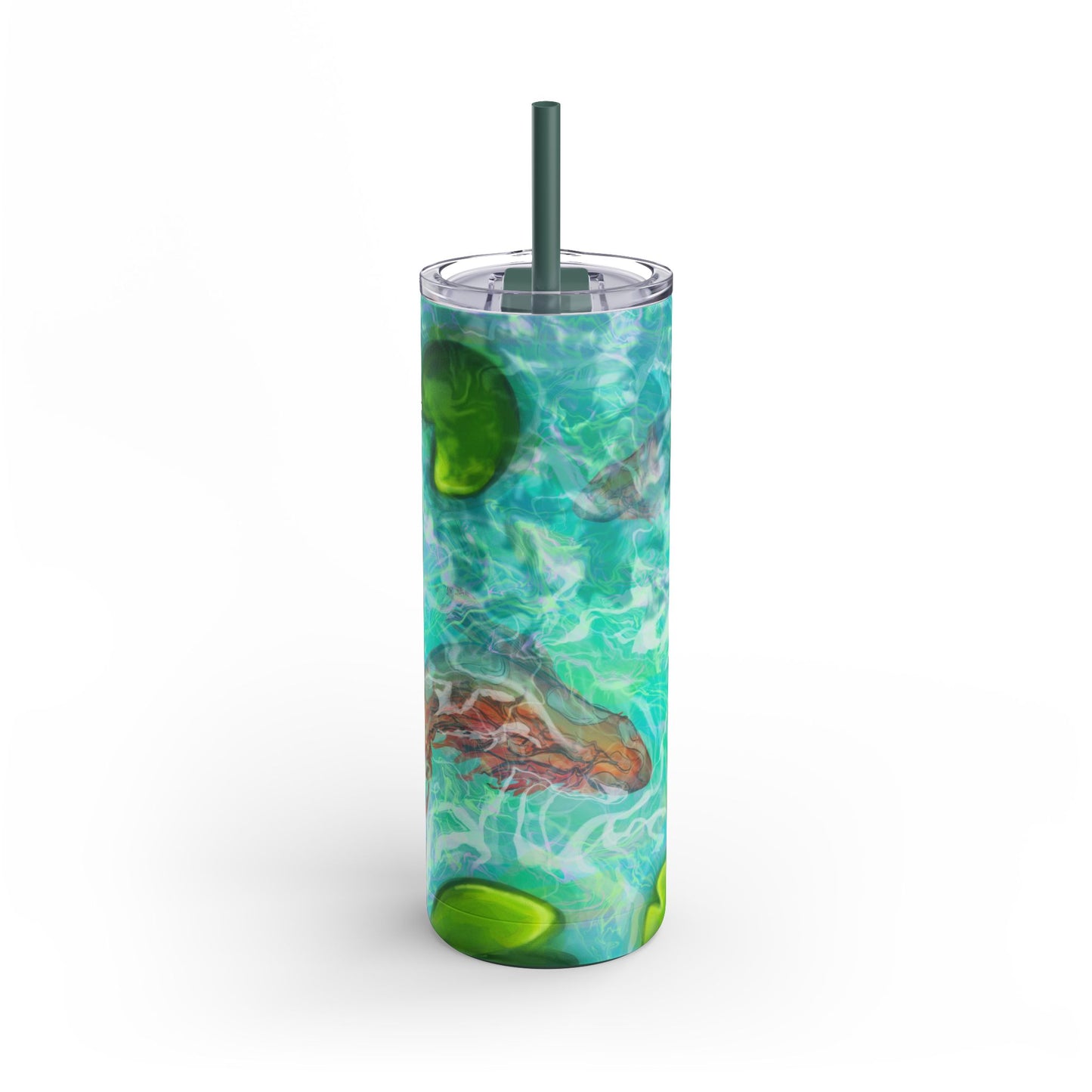 Skinny Tumbler with Abstract Water Design, Eco-Friendly Drinkware, Cool Gift for Her, Summer Vibes, Home & Office Decor, Lily Pads, Fish Pond