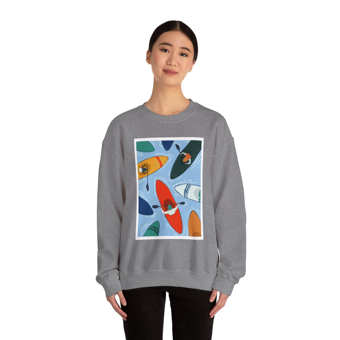 Colorful Kayak Print Crewneck Sweatshirt, Cozy Unisex Pullover, Perfect for Outdoor Lovers, Kayaking Gift, Summer Vibes, Artsy Crewneck, Comfy Pullover, Funky, Quirky Art