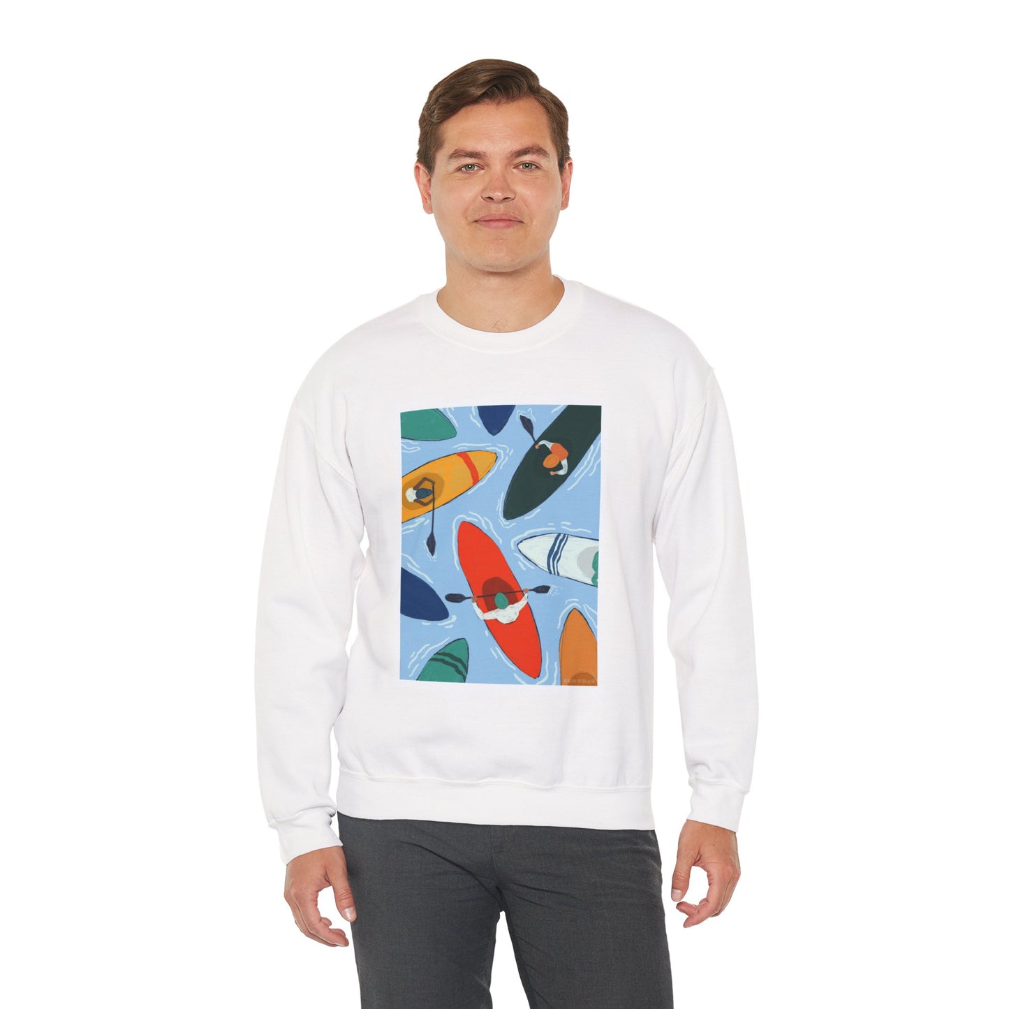 Colorful Kayak Print Crewneck Sweatshirt, Cozy Unisex Pullover, Perfect for Outdoor Lovers, Kayaking Gift, Summer Vibes, Artsy Crewneck, Comfy Pullover, Funky, Quirky Art