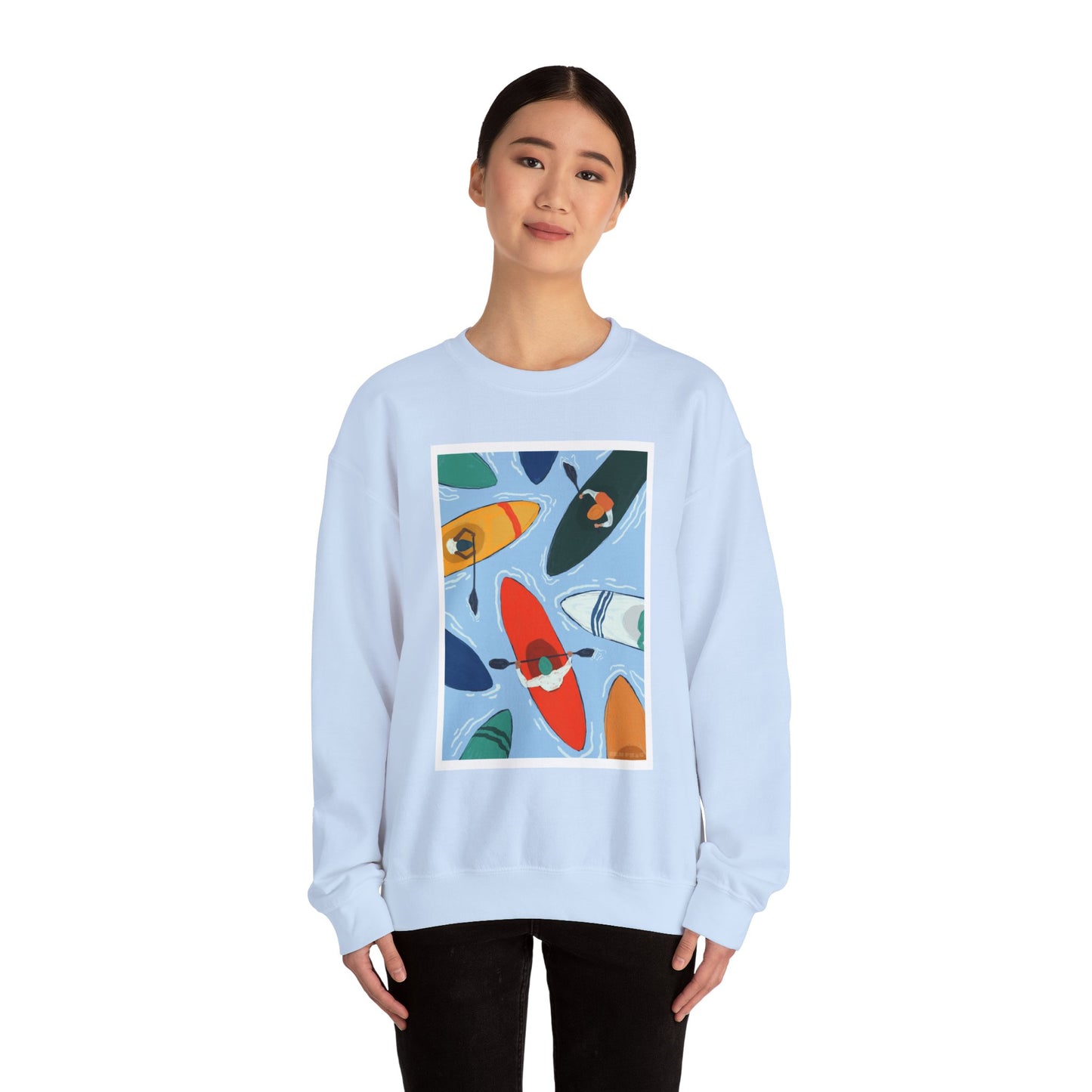 Colorful Kayak Print Crewneck Sweatshirt, Cozy Unisex Pullover, Perfect for Outdoor Lovers, Kayaking Gift, Summer Vibes, Artsy Crewneck, Comfy Pullover, Funky, Quirky Art