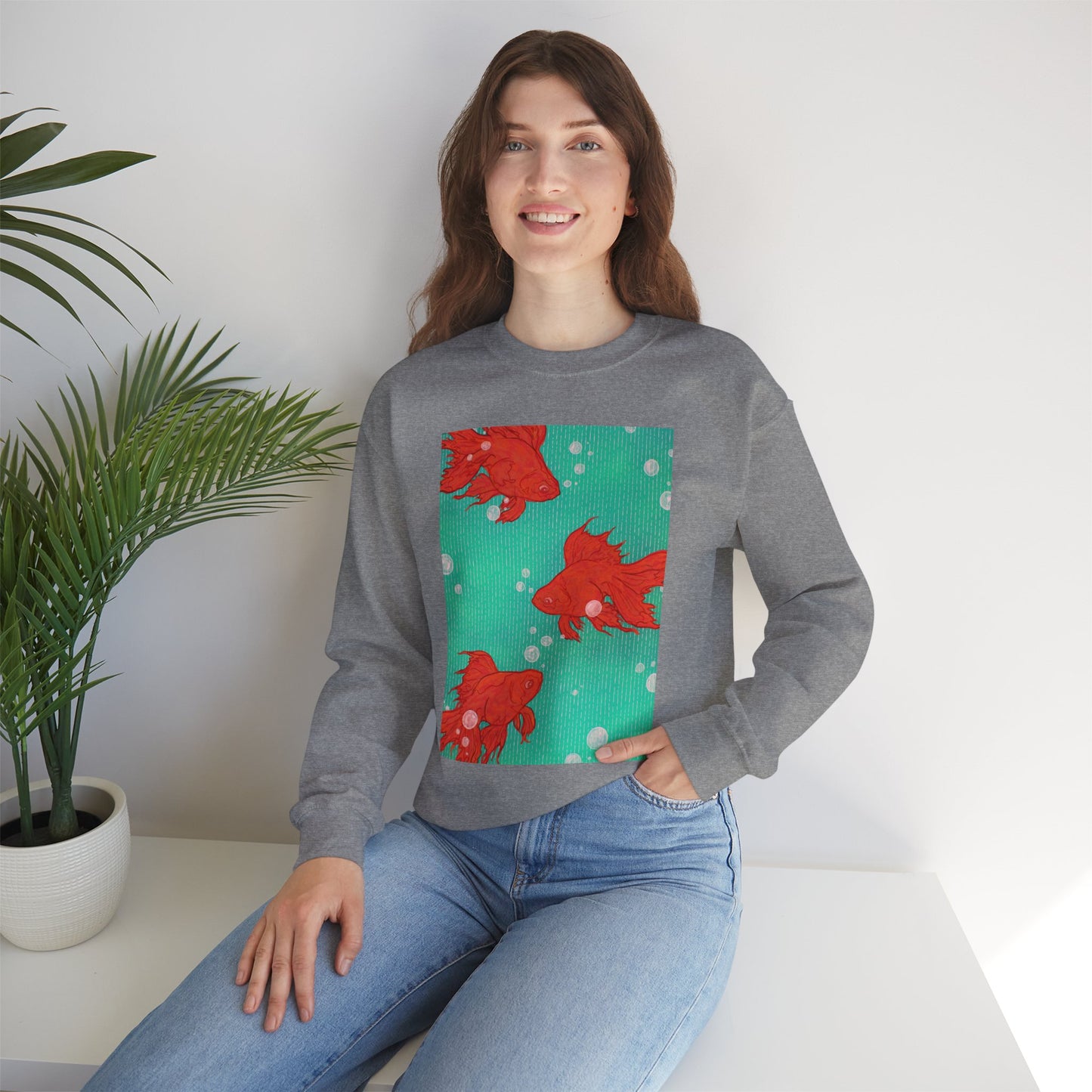 Colorful Fish Graphic Crewneck Sweatshirt, Cozy Unisex Sweater, Fun Graphic Top, Ideal Gift for Fish Lovers, Casual Everyday Wear, Comfy Goldfish Crewneck