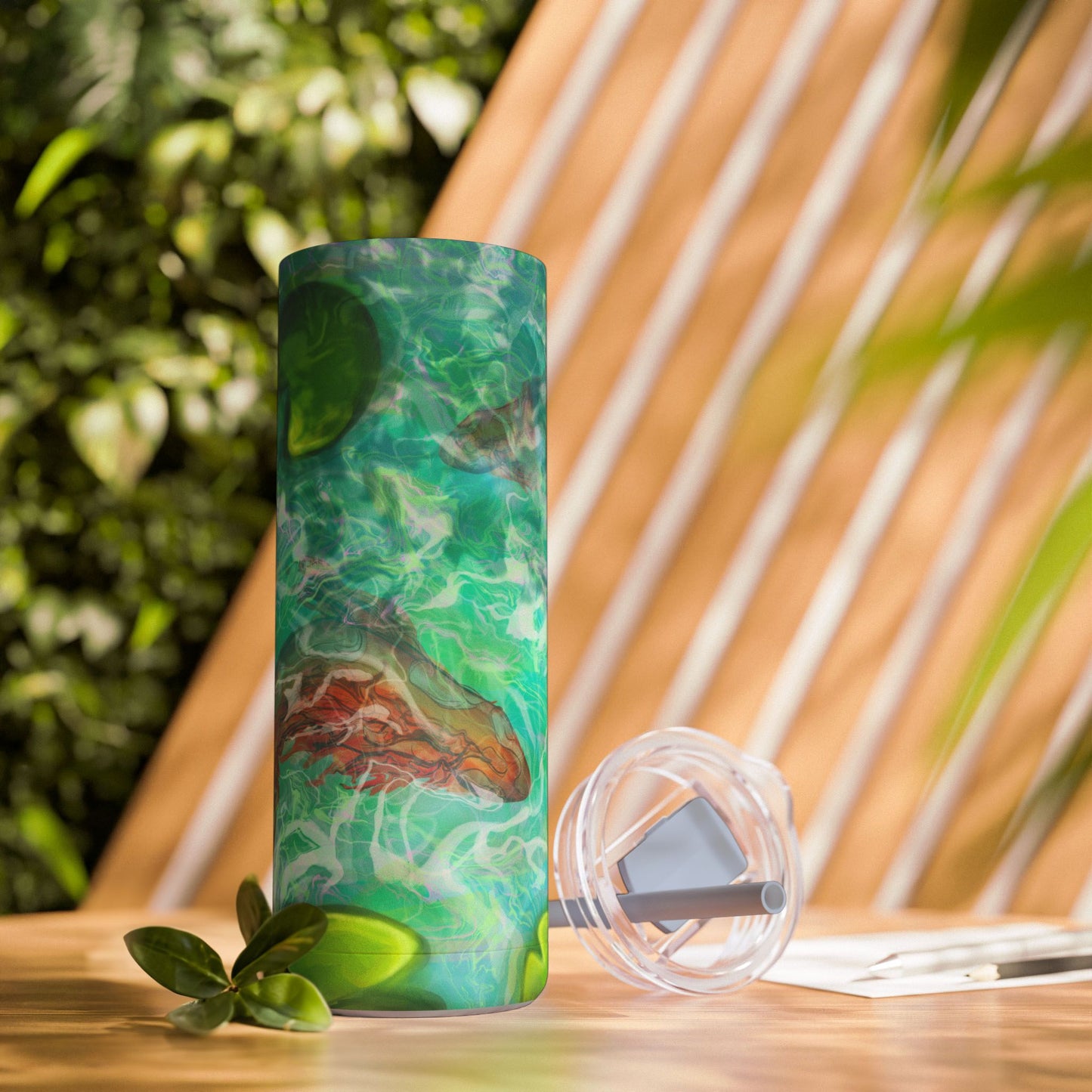 Skinny Tumbler with Abstract Water Design, Eco-Friendly Drinkware, Cool Gift for Her, Summer Vibes, Home & Office Decor, Lily Pads, Fish Pond