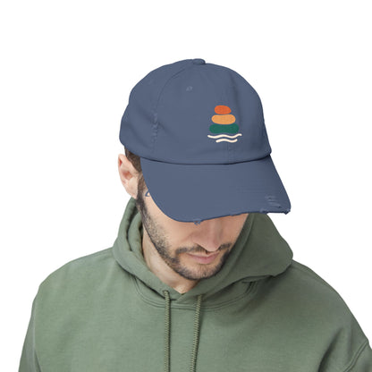 Unisex Distressed Cap with Peaceful Stones Design, Relaxed Vibe, Perfect for Casual Wear, Outdoor Adventures, Gifts for Friends, Beach Wear, Mindfulness Gifts, Serene Crewneck Sweatshirt