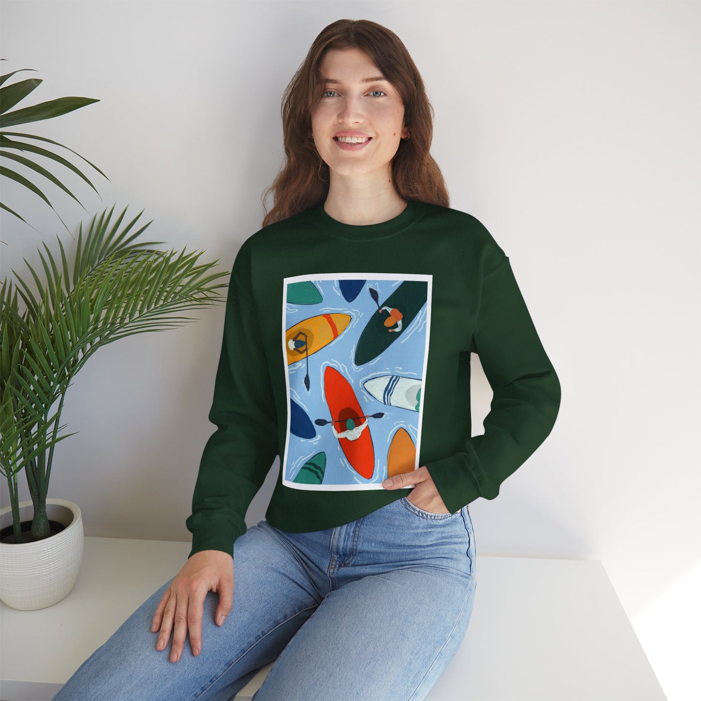 Colorful Kayak Print Crewneck Sweatshirt, Cozy Unisex Pullover, Perfect for Outdoor Lovers, Kayaking Gift, Summer Vibes, Artsy Crewneck, Comfy Pullover, Funky, Quirky Art