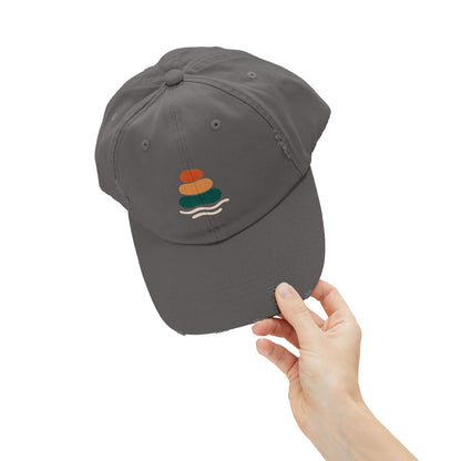 Unisex Distressed Cap with Peaceful Stones Design, Relaxed Vibe, Perfect for Casual Wear, Outdoor Adventures, Gifts for Friends, Beach Wear, Mindfulness Gifts, Serene Crewneck Sweatshirt