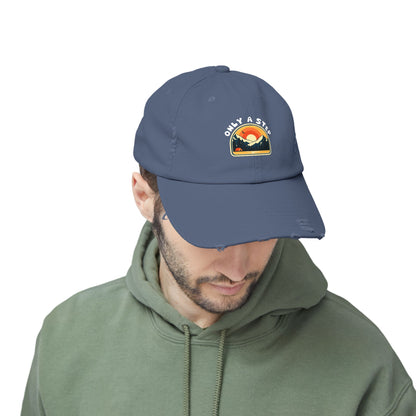 Distressed Cap — “Only a Step” Retro Mountain Sunset Hat