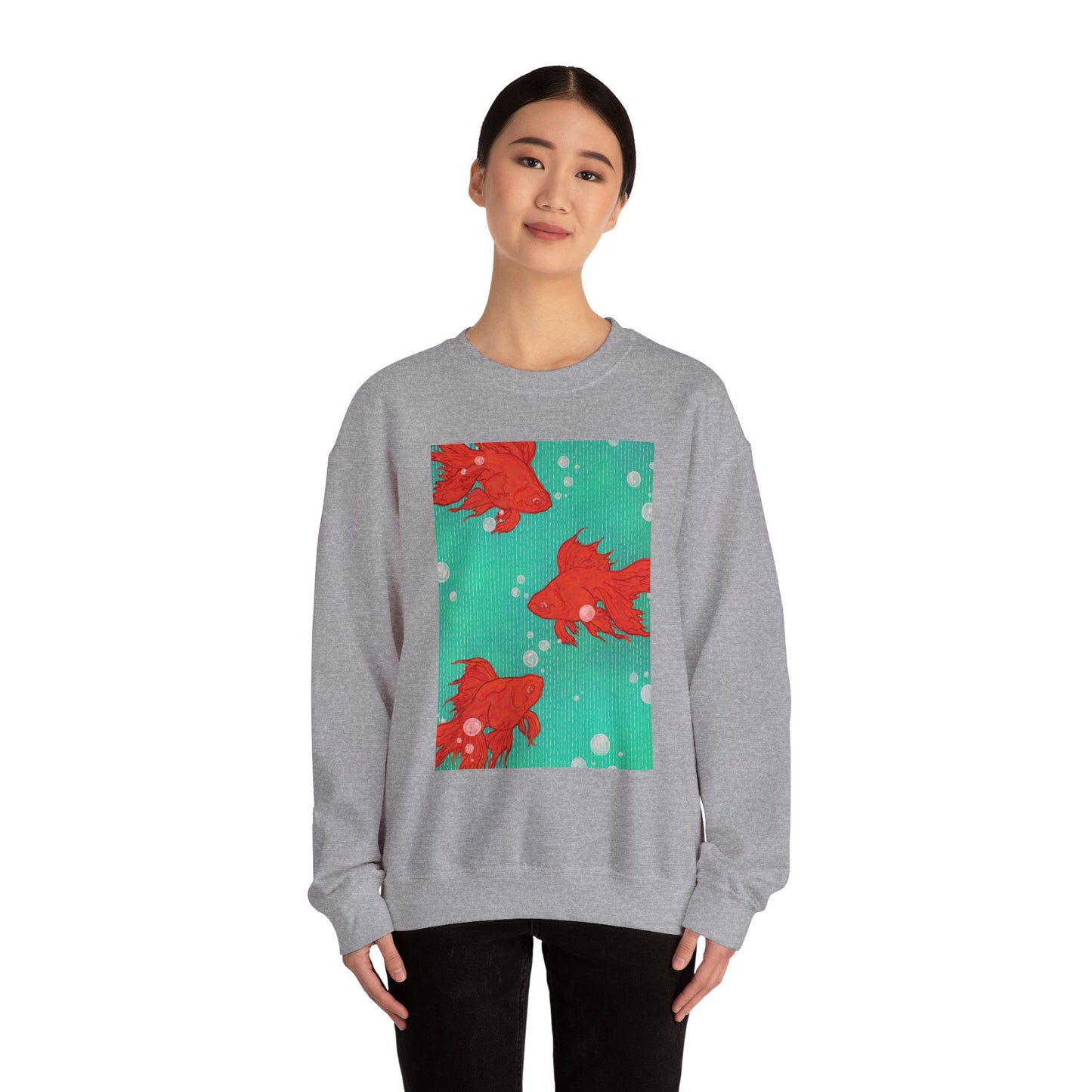 Colorful Fish Graphic Crewneck Sweatshirt, Cozy Unisex Sweater, Fun Graphic Top, Ideal Gift for Fish Lovers, Casual Everyday Wear, Comfy Goldfish Crewneck