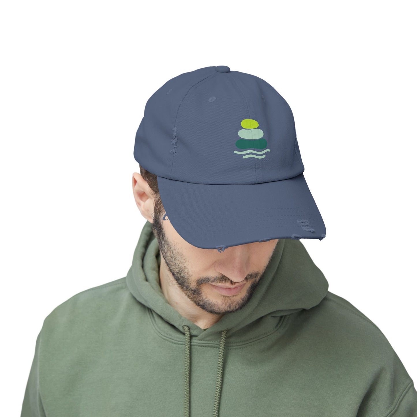 Relaxed Unisex Distressed Cap with Peaceful Stone Design, Casual Hat for Nature Lovers, Summer Accessory, Gift for Her/Him, Outdoor Wear, Serene, Mindfulness Gifts