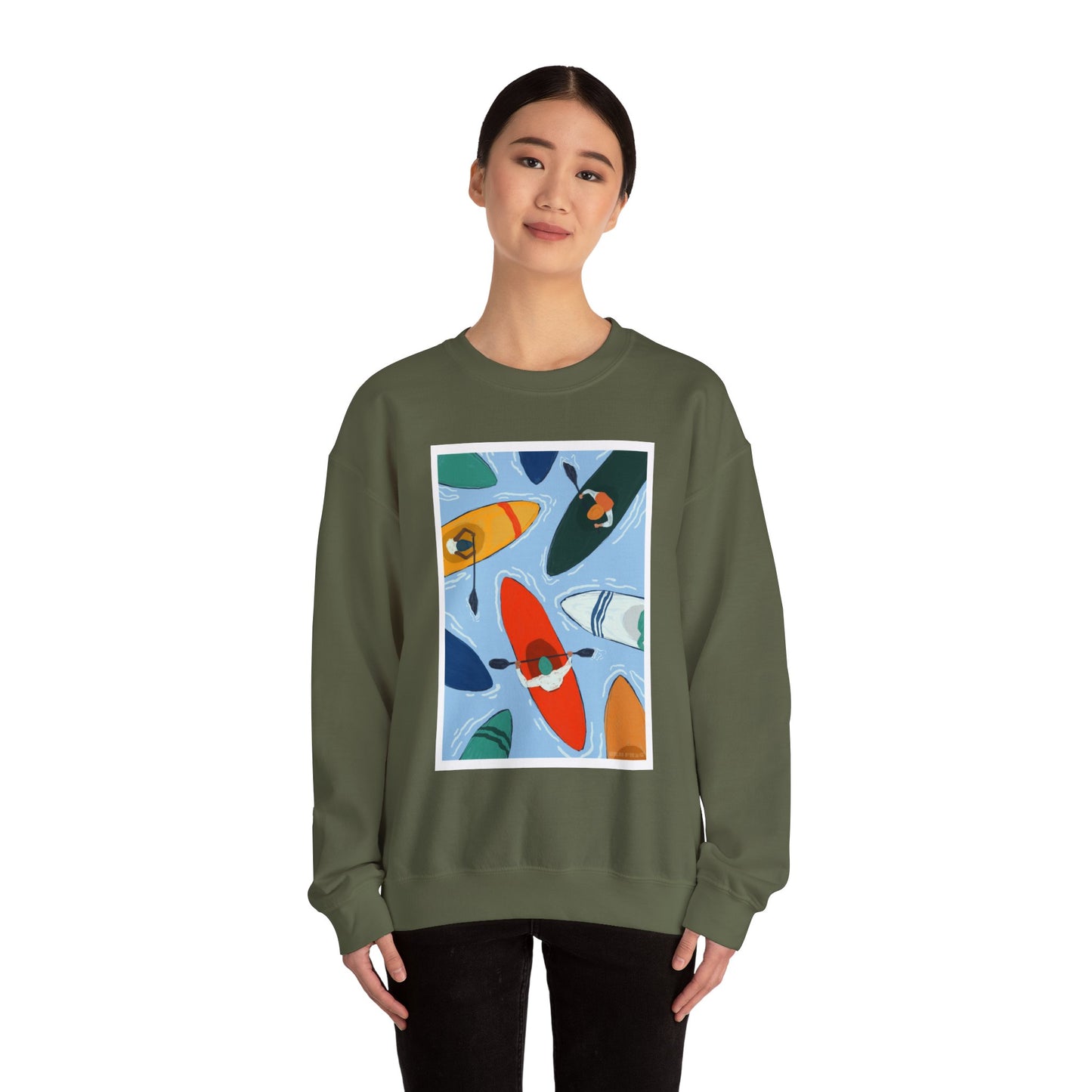 Colorful Kayak Print Crewneck Sweatshirt, Cozy Unisex Pullover, Perfect for Outdoor Lovers, Kayaking Gift, Summer Vibes, Artsy Crewneck, Comfy Pullover, Funky, Quirky Art