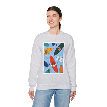 Colorful Kayak Print Crewneck Sweatshirt, Cozy Unisex Pullover, Perfect for Outdoor Lovers, Kayaking Gift, Summer Vibes, Artsy Crewneck, Comfy Pullover, Funky, Quirky Art