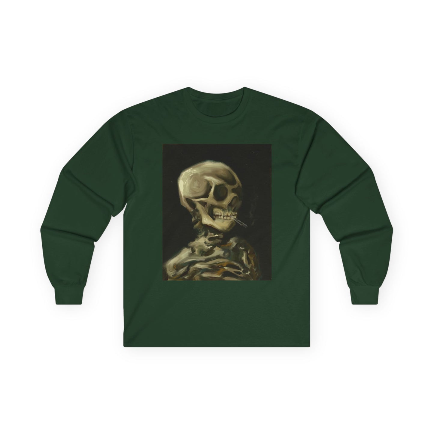 Unisex Long Sleeve Skeleton Tee - Spooky Casual Wear, Gift for Skeleton Lovers, Graphic Tee, Autumn Fashion | Abstract Twist on Van Gogh's Skeleton with Burning Cigarette, Van Gogh Art Reimagined