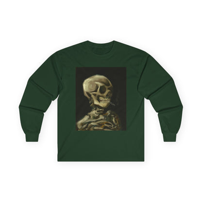 Unisex Long Sleeve Skeleton Tee - Spooky Casual Wear, Gift for Skeleton Lovers, Graphic Tee, Autumn Fashion | Abstract Twist on Van Gogh's Skeleton with Burning Cigarette, Van Gogh Art Reimagined