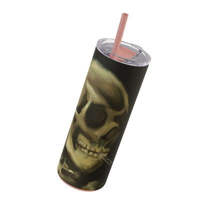 Gothic Skull Tumbler, 20oz | Unique Matte Travel Cup | Halloween Decor | Day of the Dead | Edgy Gifts for Skull Lovers, Reusable Drinkware | Van Gogh's Skeleton with Burning Cigarette Reimagined, Abstract Modern Twist Art
