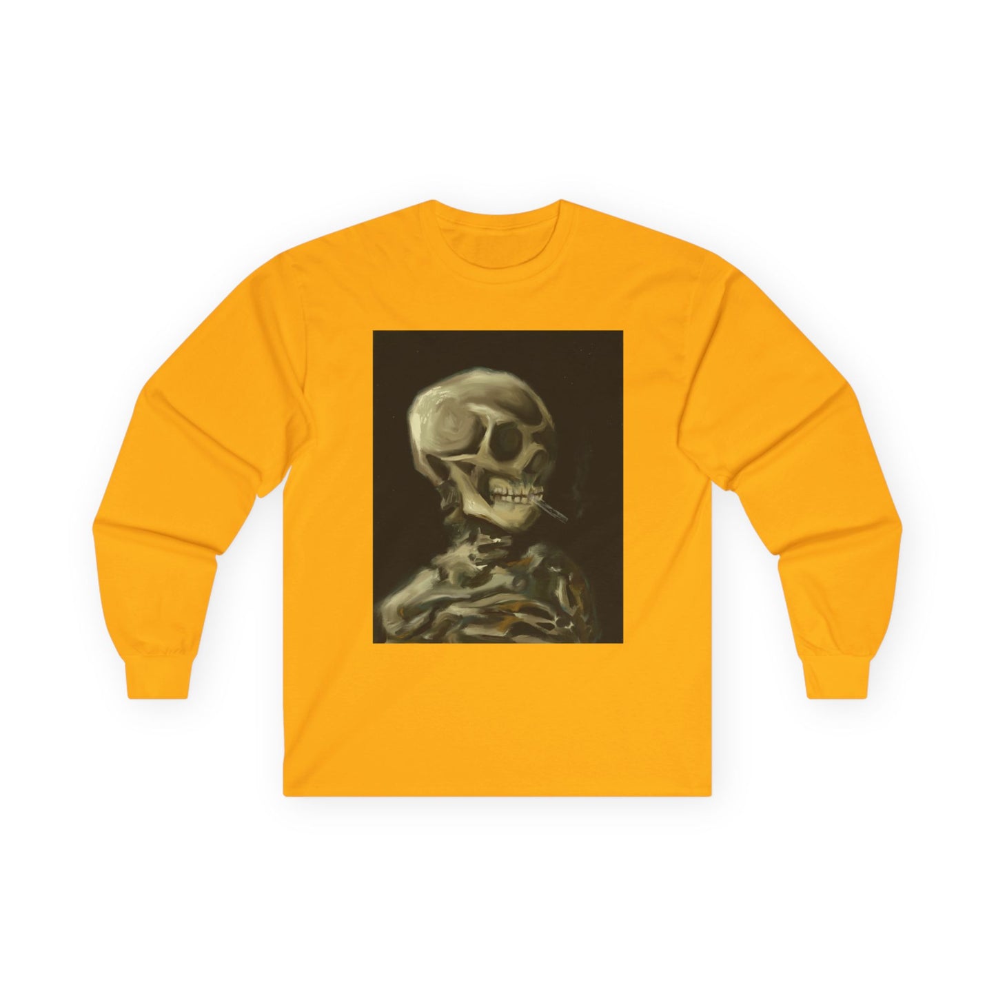 Unisex Long Sleeve Skeleton Tee - Spooky Casual Wear, Gift for Skeleton Lovers, Graphic Tee, Autumn Fashion | Abstract Twist on Van Gogh's Skeleton with Burning Cigarette, Van Gogh Art Reimagined