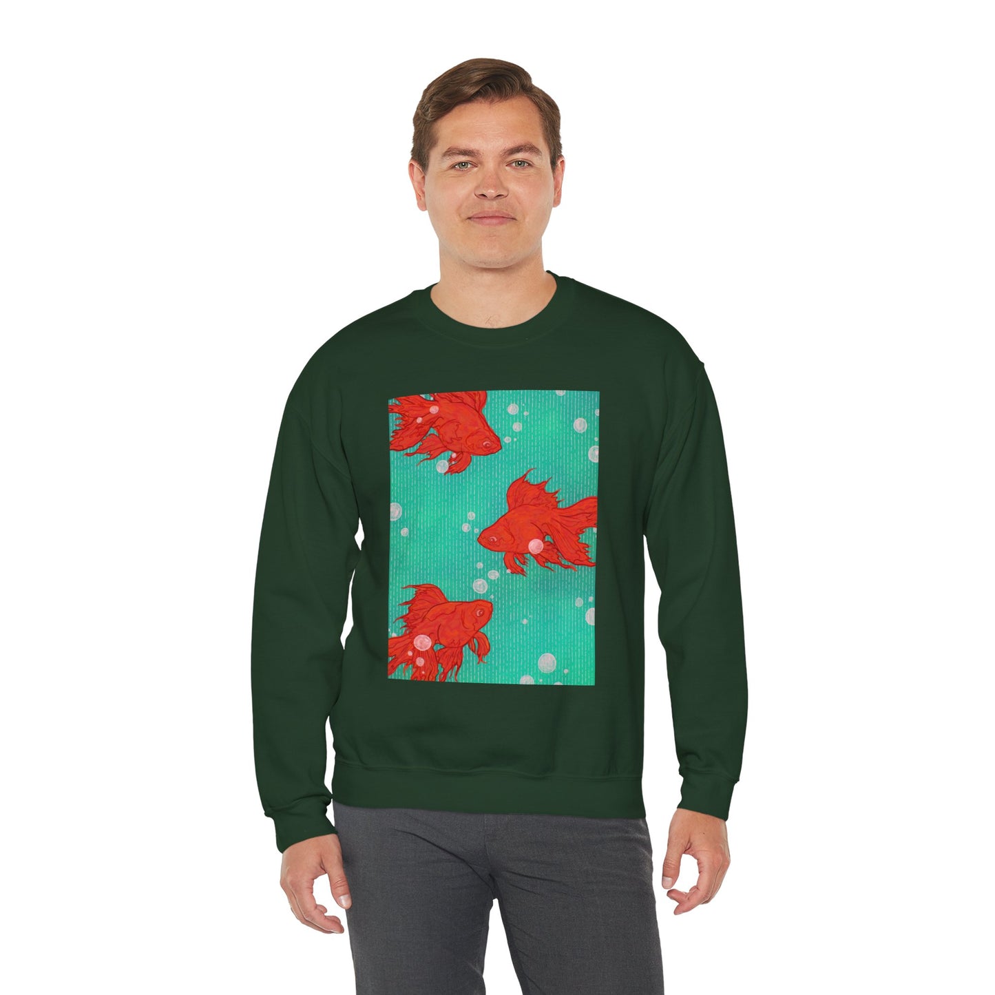Colorful Fish Graphic Crewneck Sweatshirt, Cozy Unisex Sweater, Fun Graphic Top, Ideal Gift for Fish Lovers, Casual Everyday Wear, Comfy Goldfish Crewneck