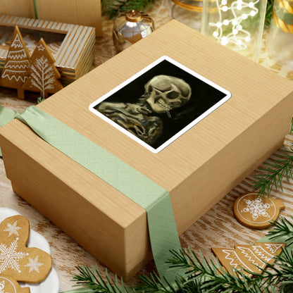 Eerie Skeleton Kiss-Cut Stickers, Spooky Decor, Halloween Accessories, Laptop Stickers, Gothic Art, Gift for Horror Fans | Van Gogh's Skeleton with Burning Cigarette Reimagined, Abstract Modern Twist