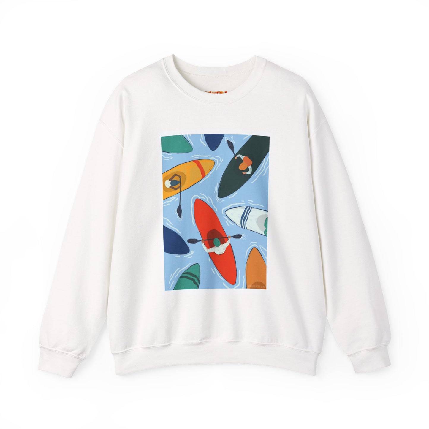 Colorful Kayak Print Crewneck Sweatshirt, Cozy Unisex Pullover, Perfect for Outdoor Lovers, Kayaking Gift, Summer Vibes, Artsy Crewneck, Comfy Pullover, Funky, Quirky Art