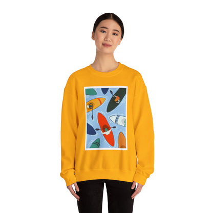 Colorful Kayak Print Crewneck Sweatshirt, Cozy Unisex Pullover, Perfect for Outdoor Lovers, Kayaking Gift, Summer Vibes, Artsy Crewneck, Comfy Pullover, Funky, Quirky Art