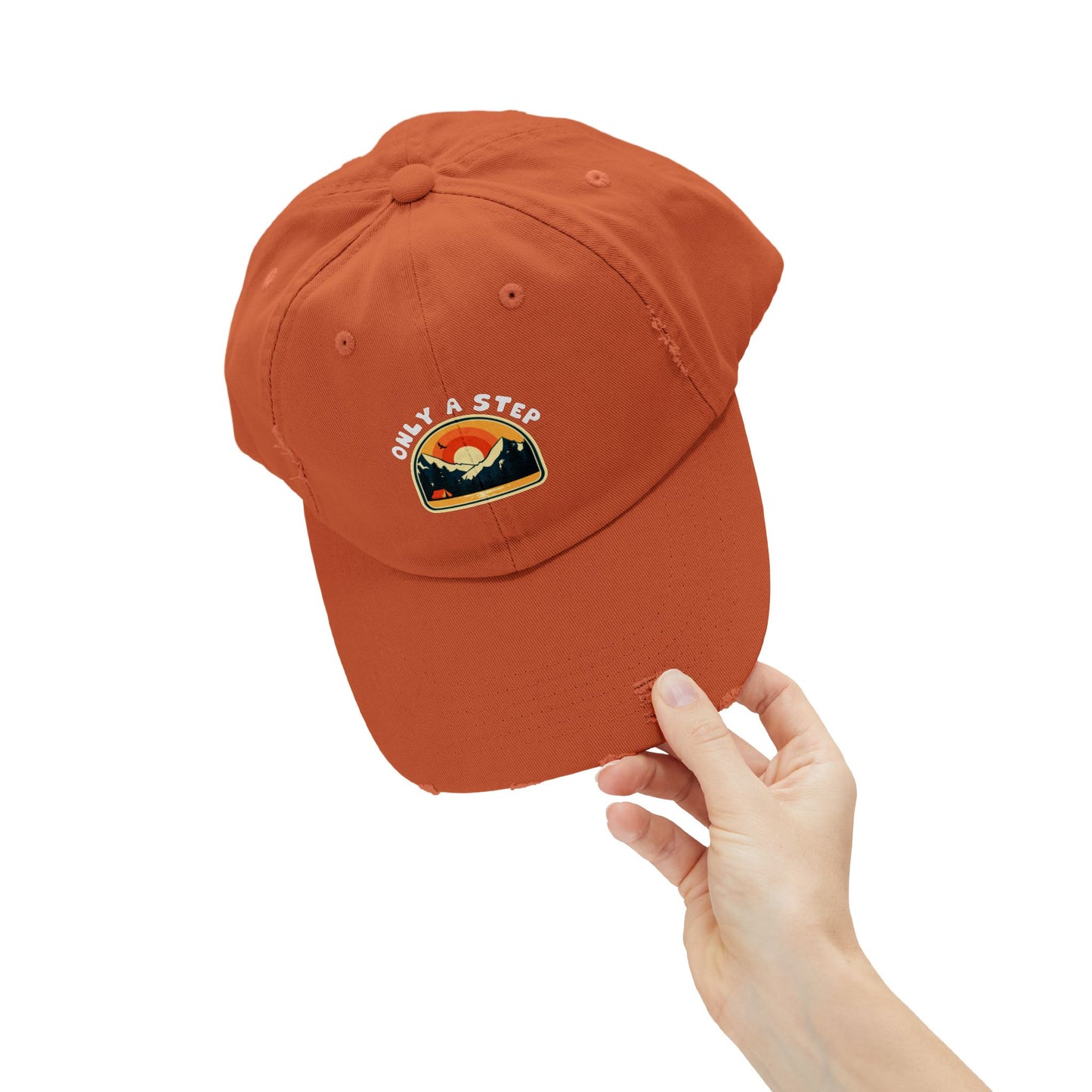Distressed Cap — “Only a Step” Retro Mountain Sunset Hat