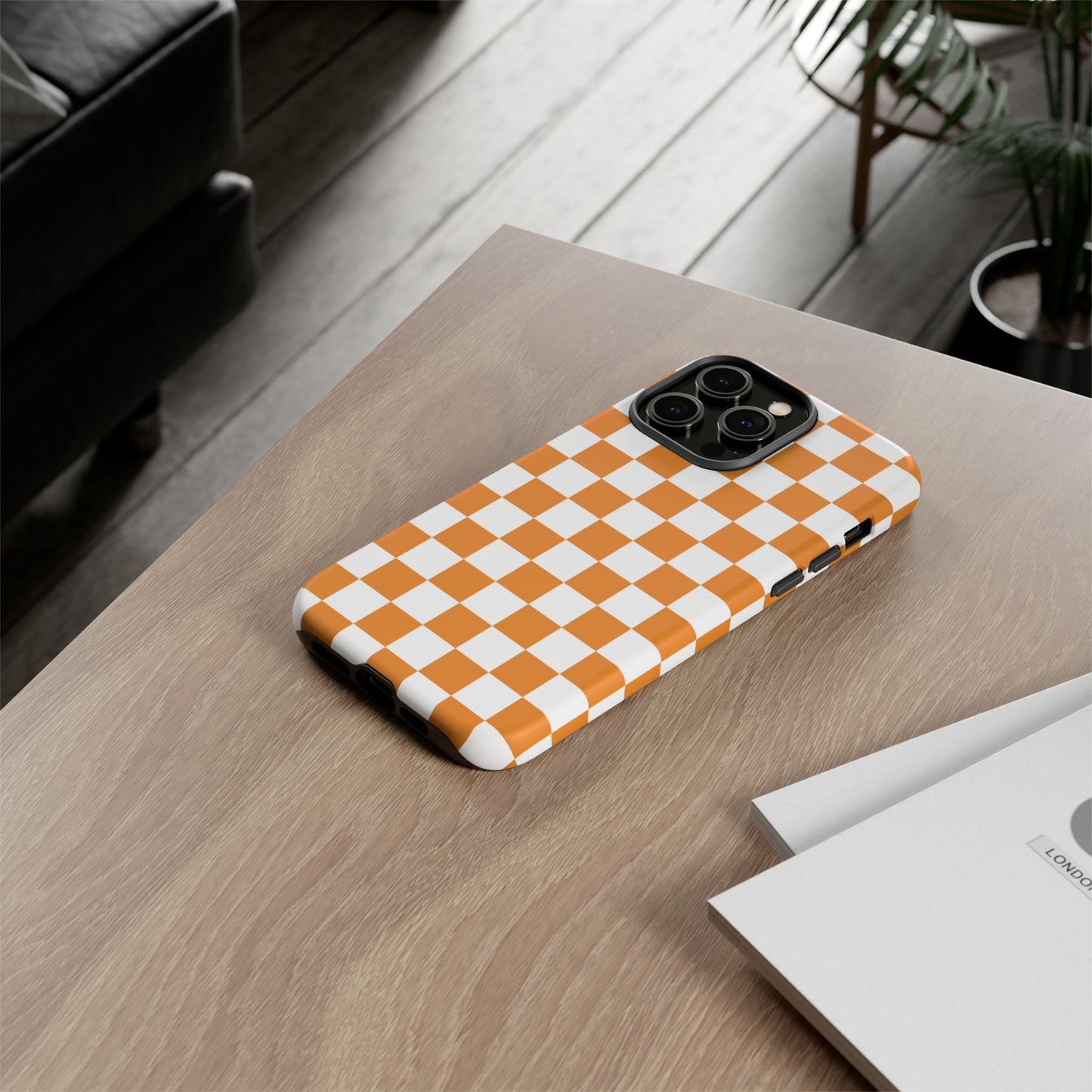 Orange Checkerboard Phone Case, Stylish Tough Cases for Protection, Gift for Friends, Trendy Cell Phone Accessories, Statement Tech Gear