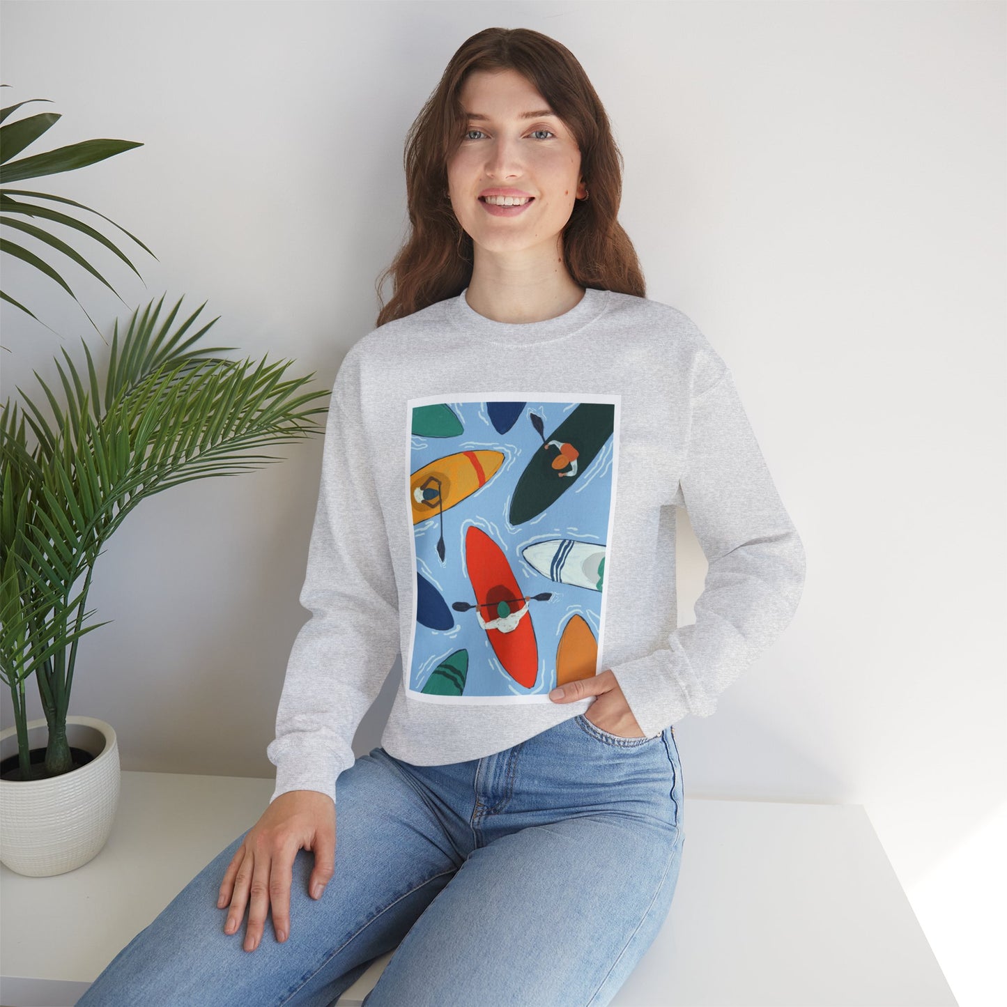 Colorful Kayak Print Crewneck Sweatshirt, Cozy Unisex Pullover, Perfect for Outdoor Lovers, Kayaking Gift, Summer Vibes, Artsy Crewneck, Comfy Pullover, Funky, Quirky Art
