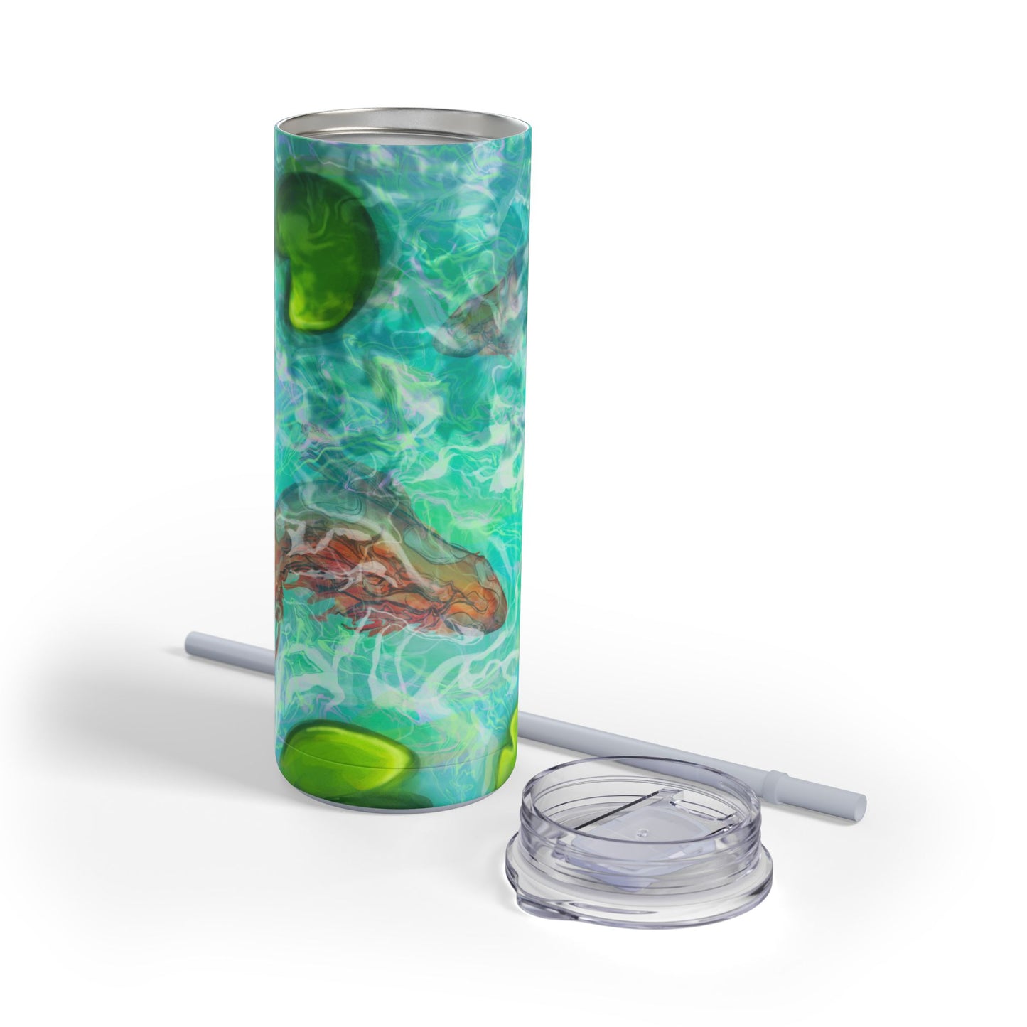 Skinny Tumbler with Abstract Water Design, Eco-Friendly Drinkware, Cool Gift for Her, Summer Vibes, Home & Office Decor, Lily Pads, Fish Pond
