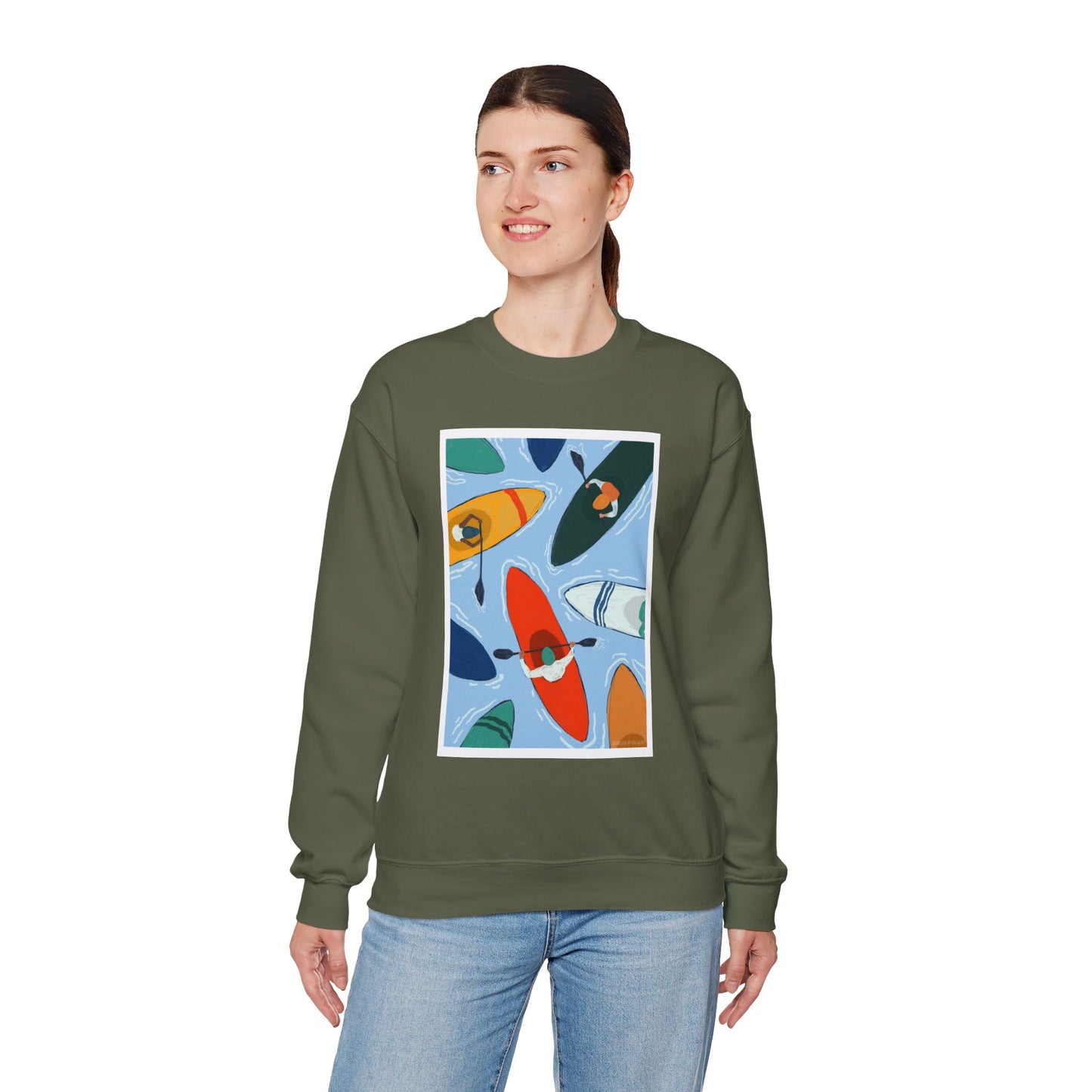 Colorful Kayak Print Crewneck Sweatshirt, Cozy Unisex Pullover, Perfect for Outdoor Lovers, Kayaking Gift, Summer Vibes, Artsy Crewneck, Comfy Pullover, Funky, Quirky Art