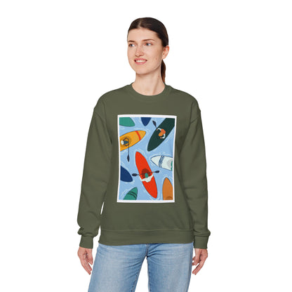 Colorful Kayak Print Crewneck Sweatshirt, Cozy Unisex Pullover, Perfect for Outdoor Lovers, Kayaking Gift, Summer Vibes, Artsy Crewneck, Comfy Pullover, Funky, Quirky Art