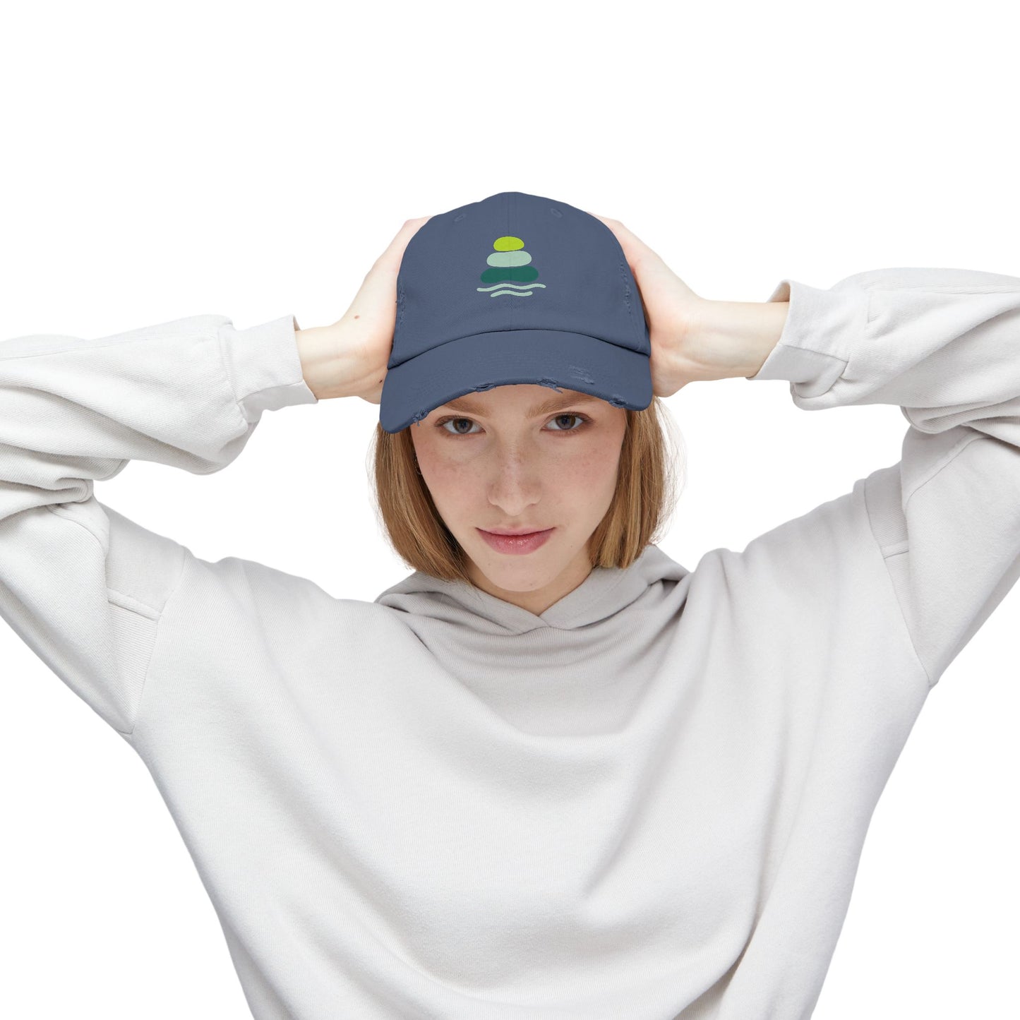 Relaxed Unisex Distressed Cap with Peaceful Stone Design, Casual Hat for Nature Lovers, Summer Accessory, Gift for Her/Him, Outdoor Wear, Serene, Mindfulness Gifts