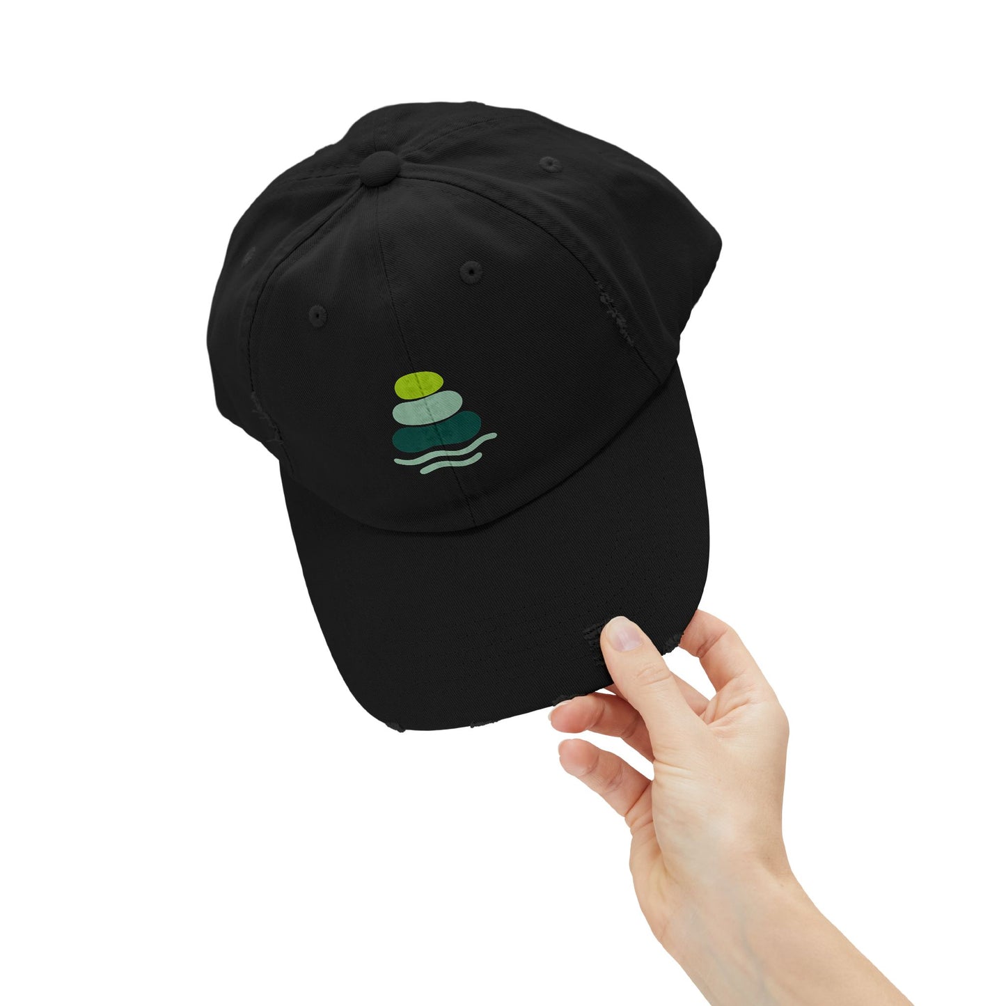Relaxed Unisex Distressed Cap with Peaceful Stone Design, Casual Hat for Nature Lovers, Summer Accessory, Gift for Her/Him, Outdoor Wear, Serene, Mindfulness Gifts