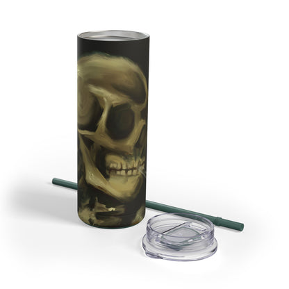 Gothic Skull Tumbler, 20oz | Unique Matte Travel Cup | Halloween Decor | Day of the Dead | Edgy Gifts for Skull Lovers, Reusable Drinkware | Van Gogh's Skeleton with Burning Cigarette Reimagined, Abstract Modern Twist Art