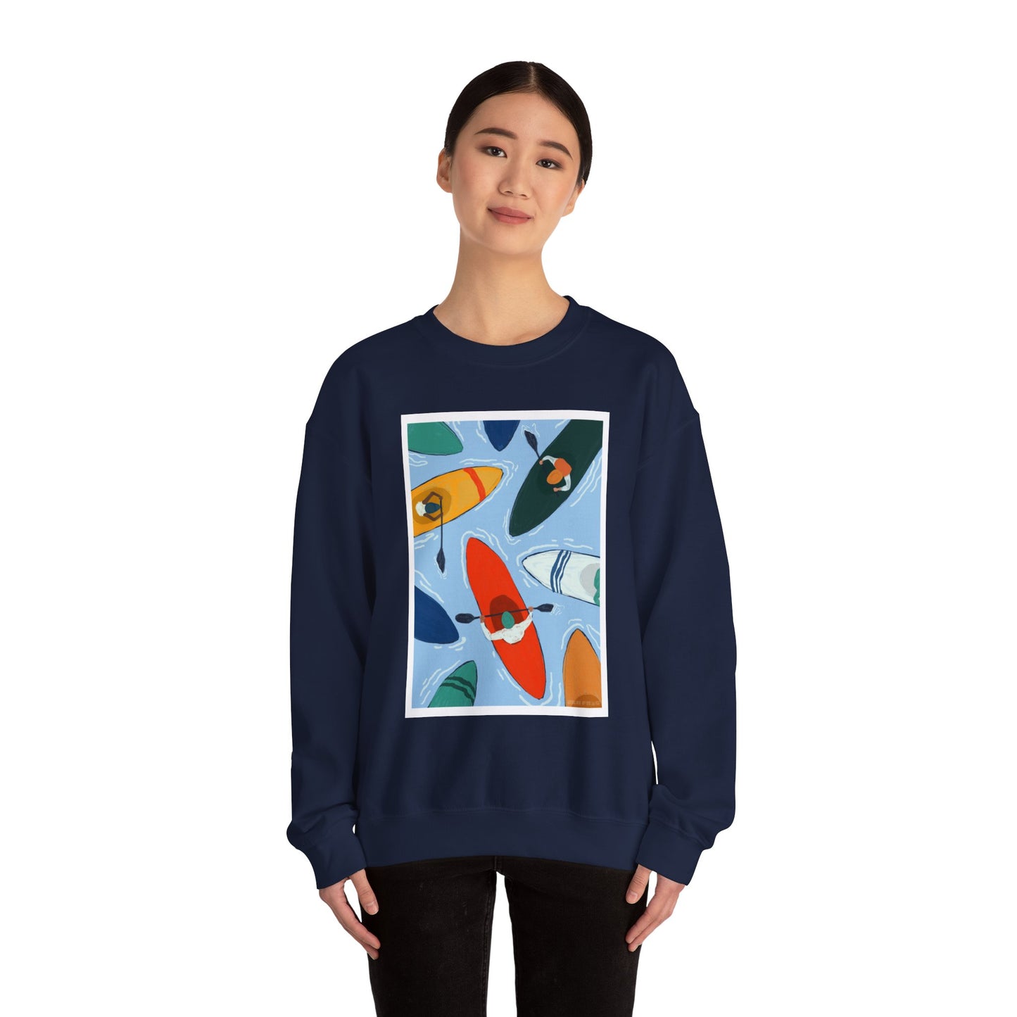 Colorful Kayak Print Crewneck Sweatshirt, Cozy Unisex Pullover, Perfect for Outdoor Lovers, Kayaking Gift, Summer Vibes, Artsy Crewneck, Comfy Pullover, Funky, Quirky Art
