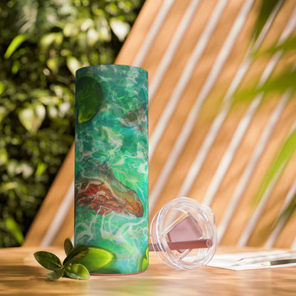 Skinny Tumbler with Abstract Water Design, Eco-Friendly Drinkware, Cool Gift for Her, Summer Vibes, Home & Office Decor, Lily Pads, Fish Pond