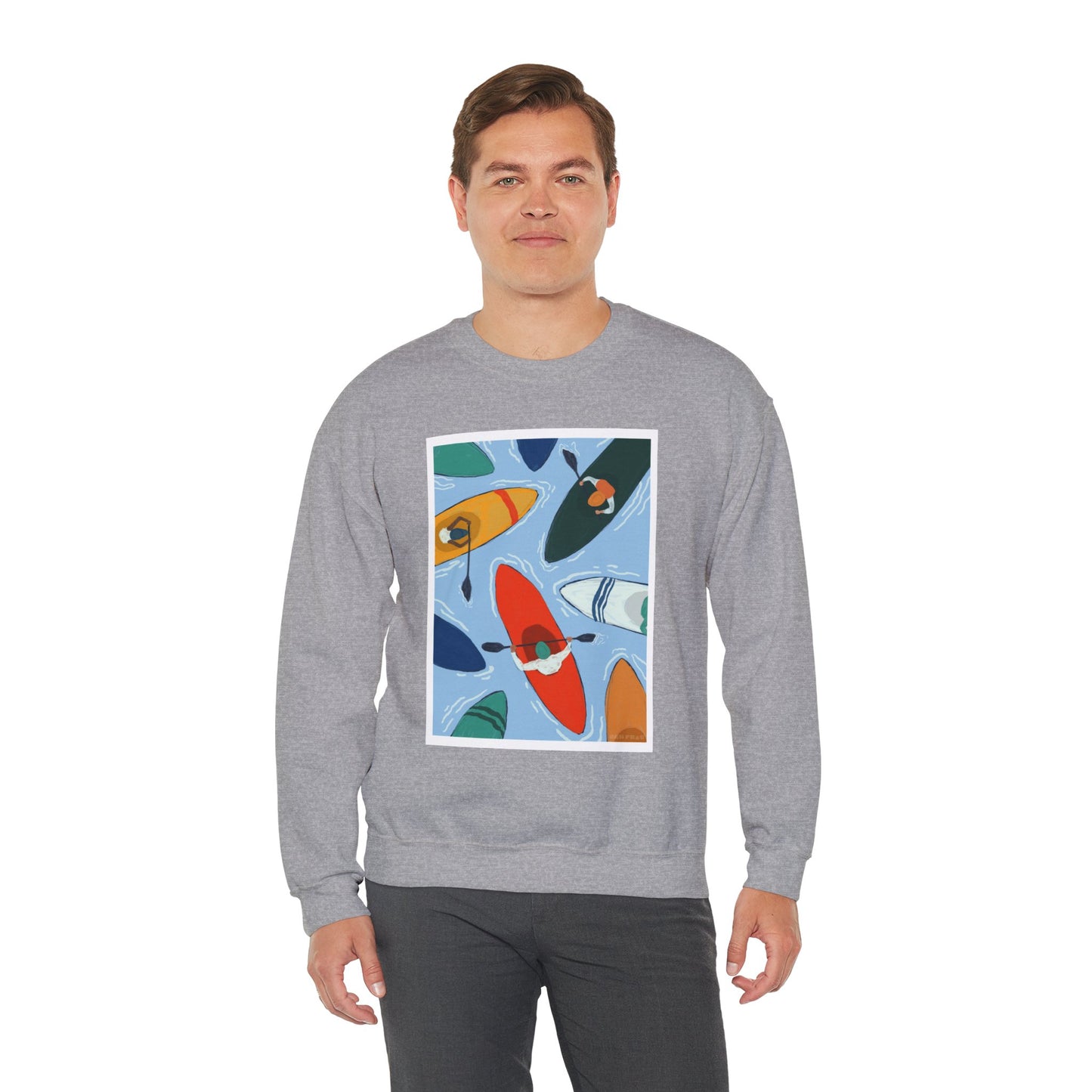 Colorful Kayak Print Crewneck Sweatshirt, Cozy Unisex Pullover, Perfect for Outdoor Lovers, Kayaking Gift, Summer Vibes, Artsy Crewneck, Comfy Pullover, Funky, Quirky Art