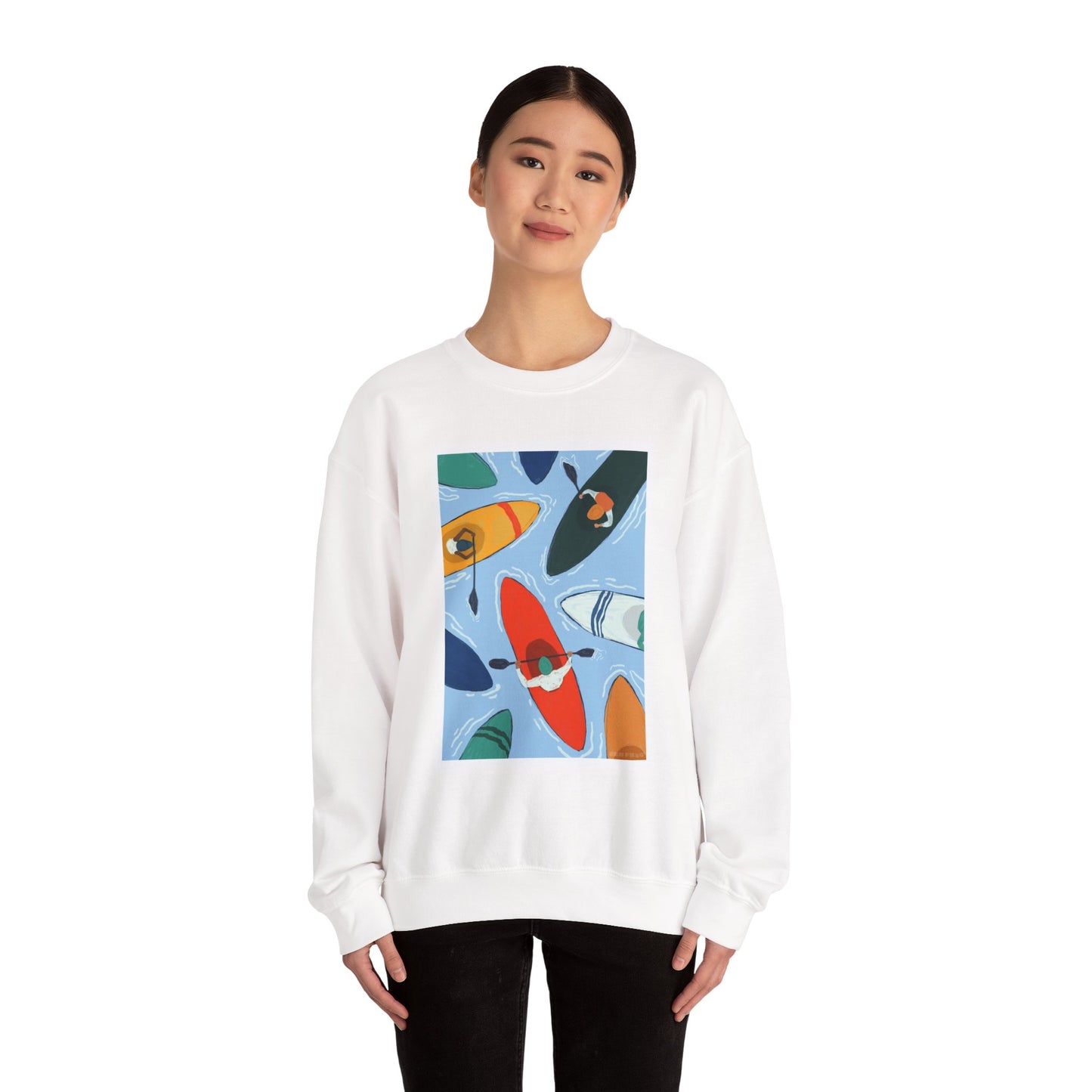 Colorful Kayak Print Crewneck Sweatshirt, Cozy Unisex Pullover, Perfect for Outdoor Lovers, Kayaking Gift, Summer Vibes, Artsy Crewneck, Comfy Pullover, Funky, Quirky Art