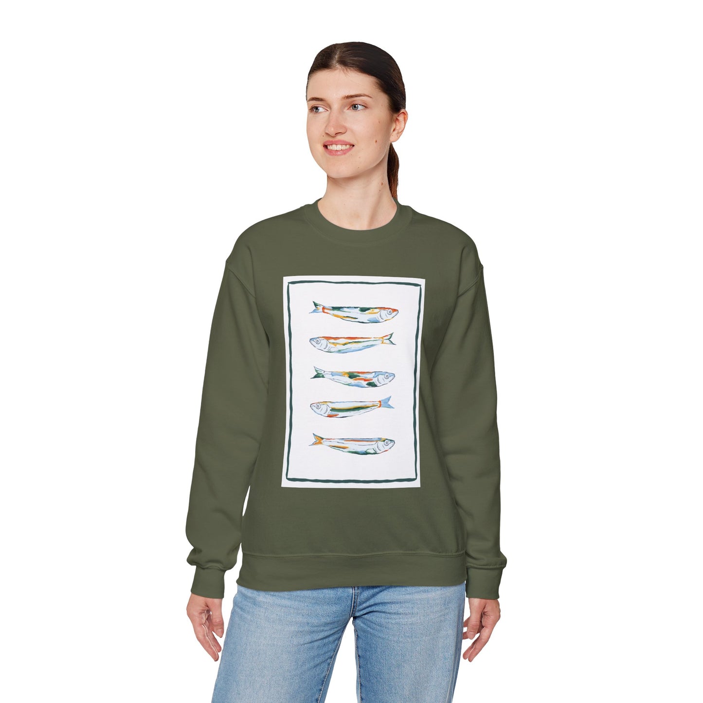 Row of Funky Fish Design Crewneck Sweatshirt - Cozy Unisex Apparel, Perfect for Fishing Lovers, Gift for Nature Enthusiasts, Casual Wear, Artsy Crewnecks, Quirky Fish, Fun Art, Comfy Sweatshirts