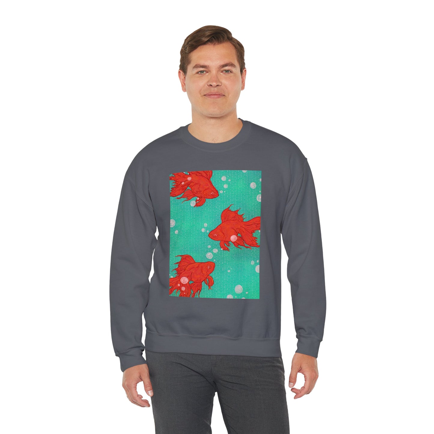 Colorful Fish Graphic Crewneck Sweatshirt, Cozy Unisex Sweater, Fun Graphic Top, Ideal Gift for Fish Lovers, Casual Everyday Wear, Comfy Goldfish Crewneck