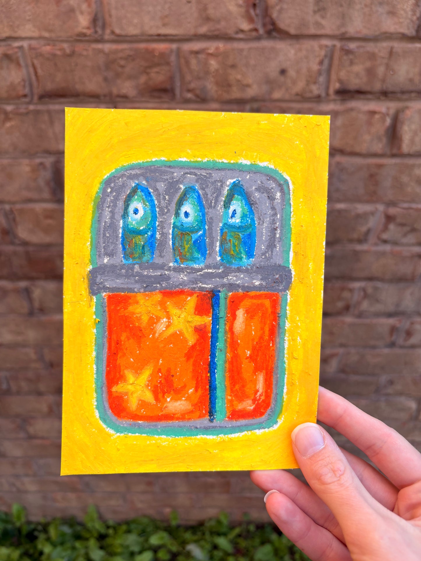 “The Sardine Club” — Original 5x7 Oil Pastel Artwork