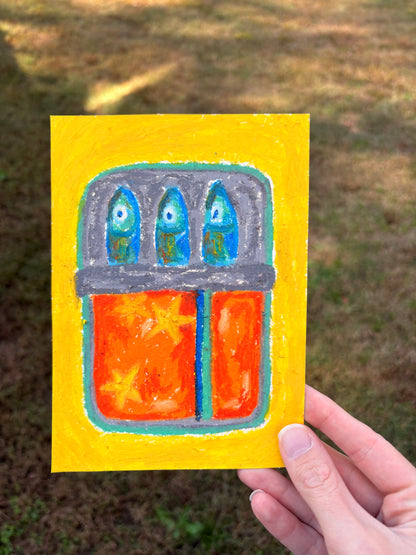 “The Sardine Club” — Original 5x7 Oil Pastel Artwork
